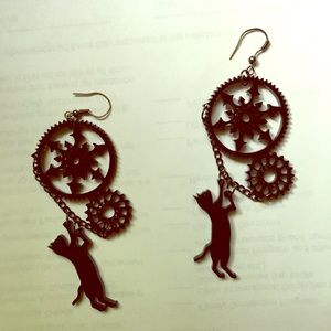 Steampunk black cat necklace and earrings